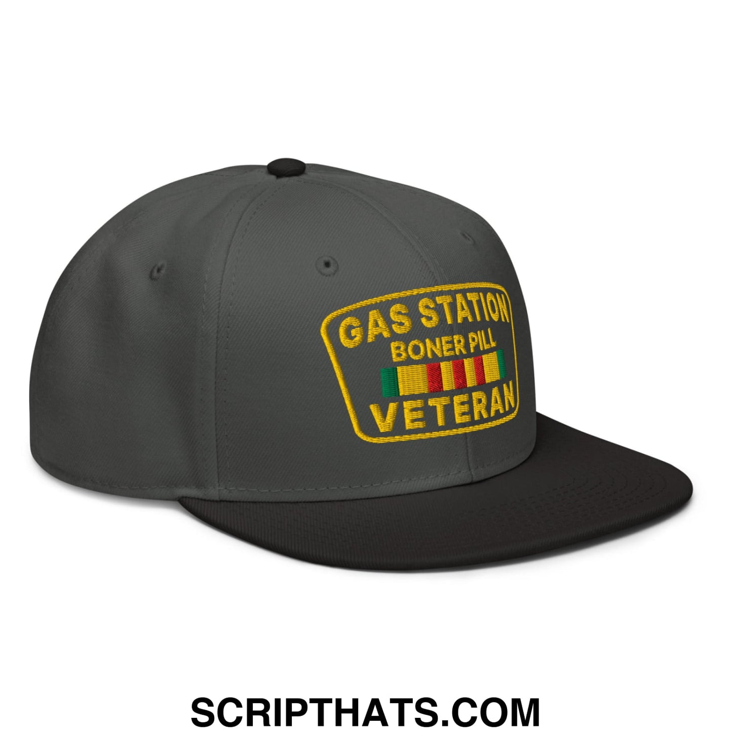 Gas Station Boner Pill Veteran Embroidered Flat Brim Bill Snapback Hat Black Charcoal gray Charcoal gray