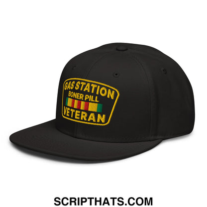 Gas Station Boner Pill Veteran Embroidered Flat Brim Bill Snapback Hat Black
