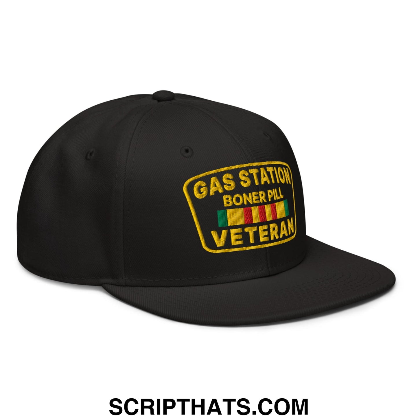 Gas Station Boner Pill Veteran Embroidered Flat Brim Bill Snapback Hat Black