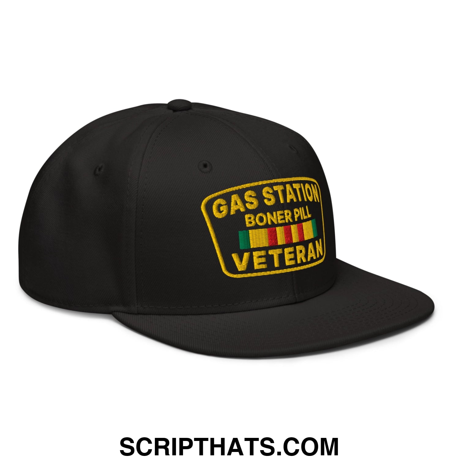 Gas Station Boner Pill Veteran Embroidered Flat Brim Bill Snapback Hat Black