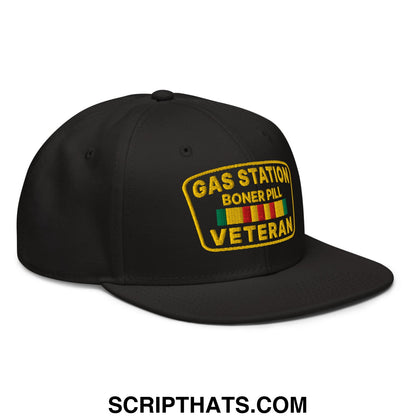 Gas Station Boner Pill Veteran Embroidered Flat Brim Bill Snapback Hat Black
