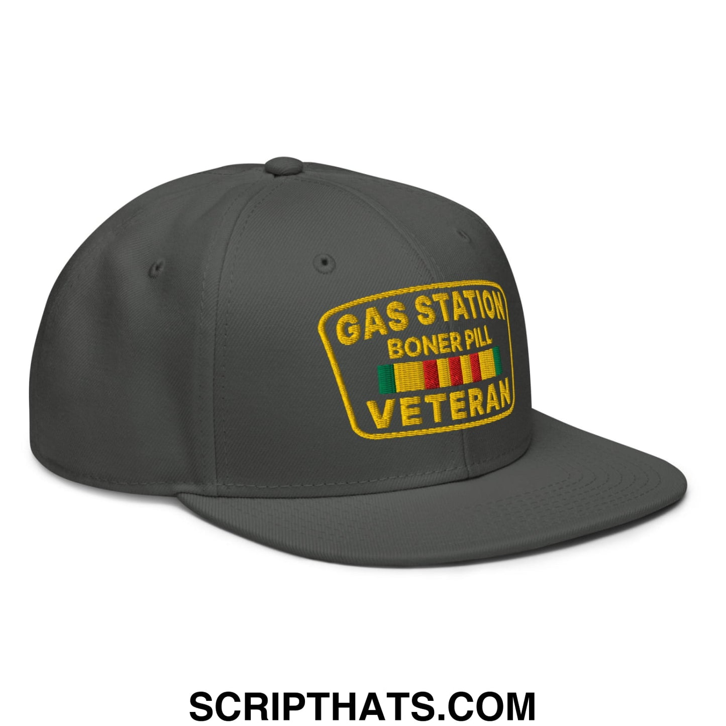 Gas Station Boner Pill Veteran Embroidered Flat Brim Bill Snapback Hat Charcoal gray