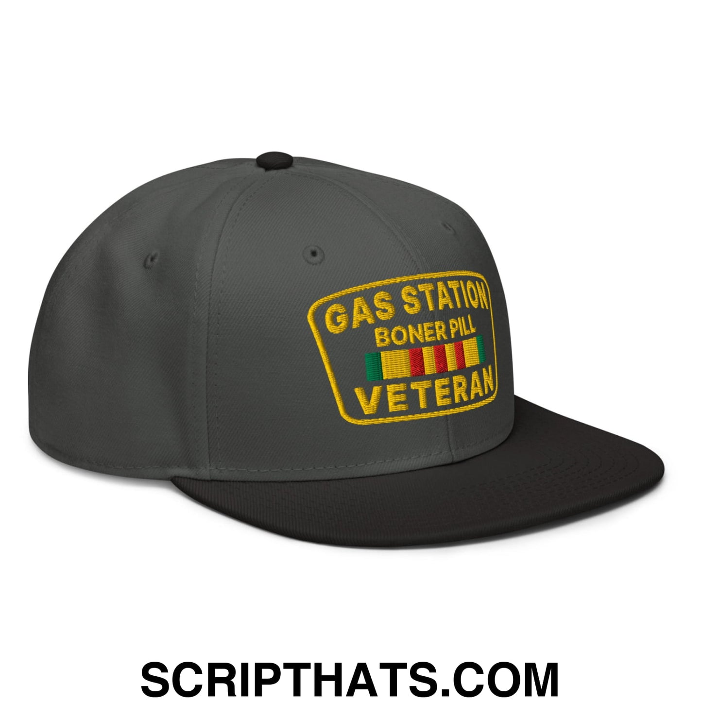 Gas Station Boner Pill Veteran Embroidered Flat Brim Bill Snapback Hat Black Charcoal gray Charcoal gray