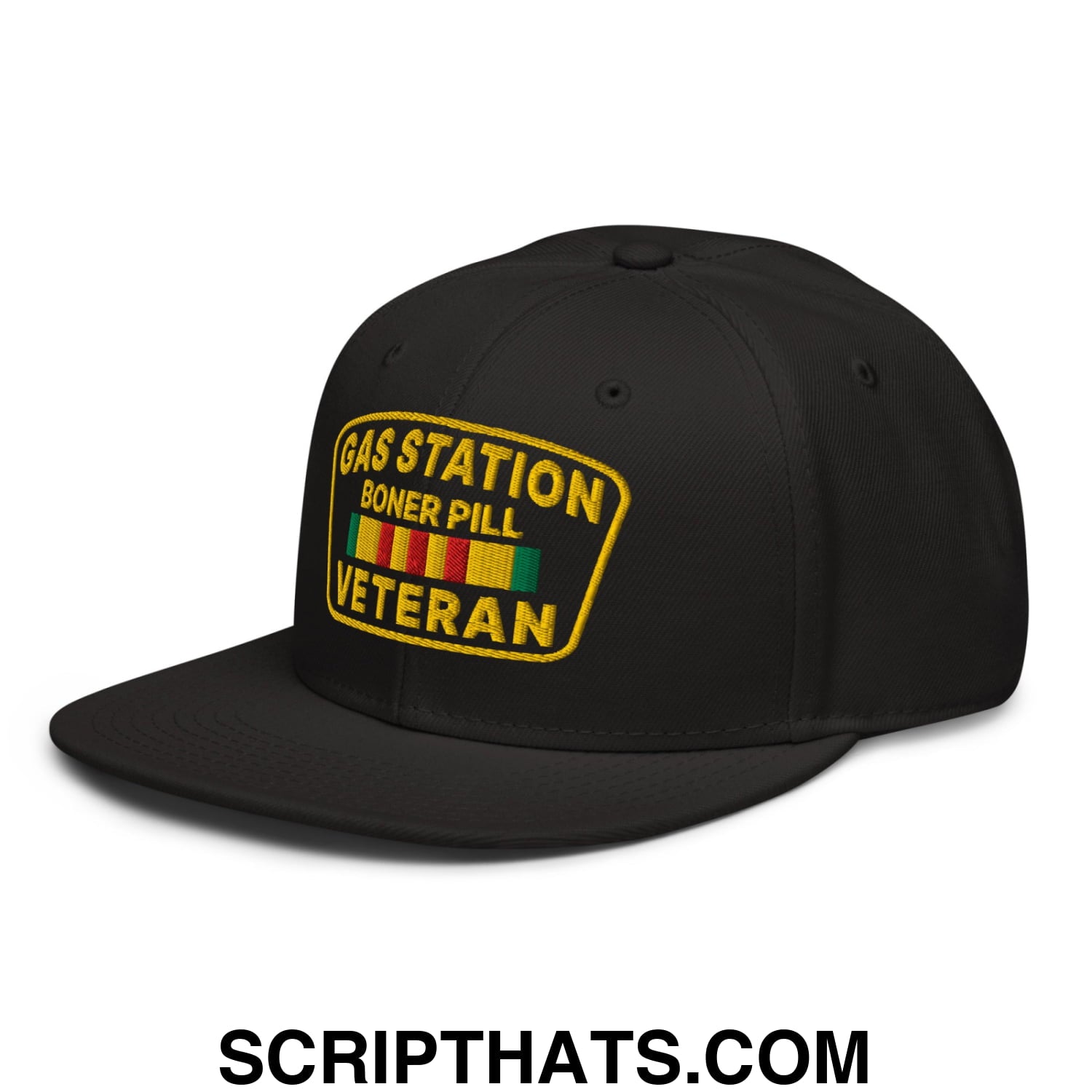 Gas Station Boner Pill Veteran Embroidered Flat Brim Bill Snapback Hat Black