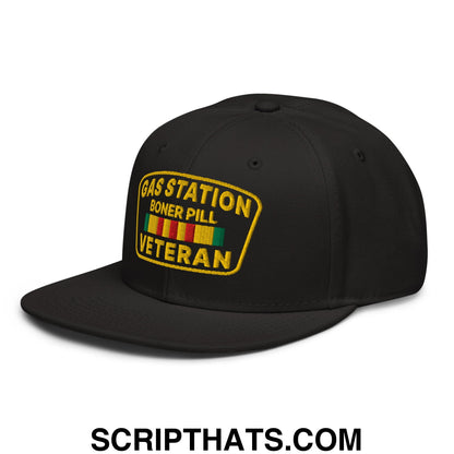 Gas Station Boner Pill Veteran Embroidered Flat Brim Bill Snapback Hat Black