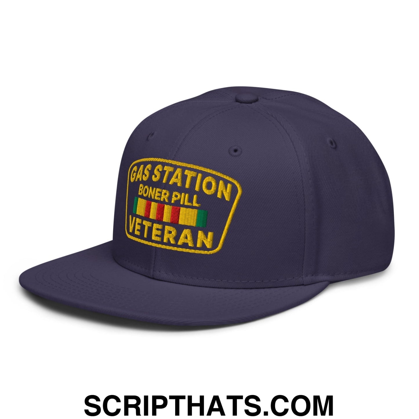 Gas Station Boner Pill Veteran Embroidered Flat Brim Bill Snapback Hat Navy blue