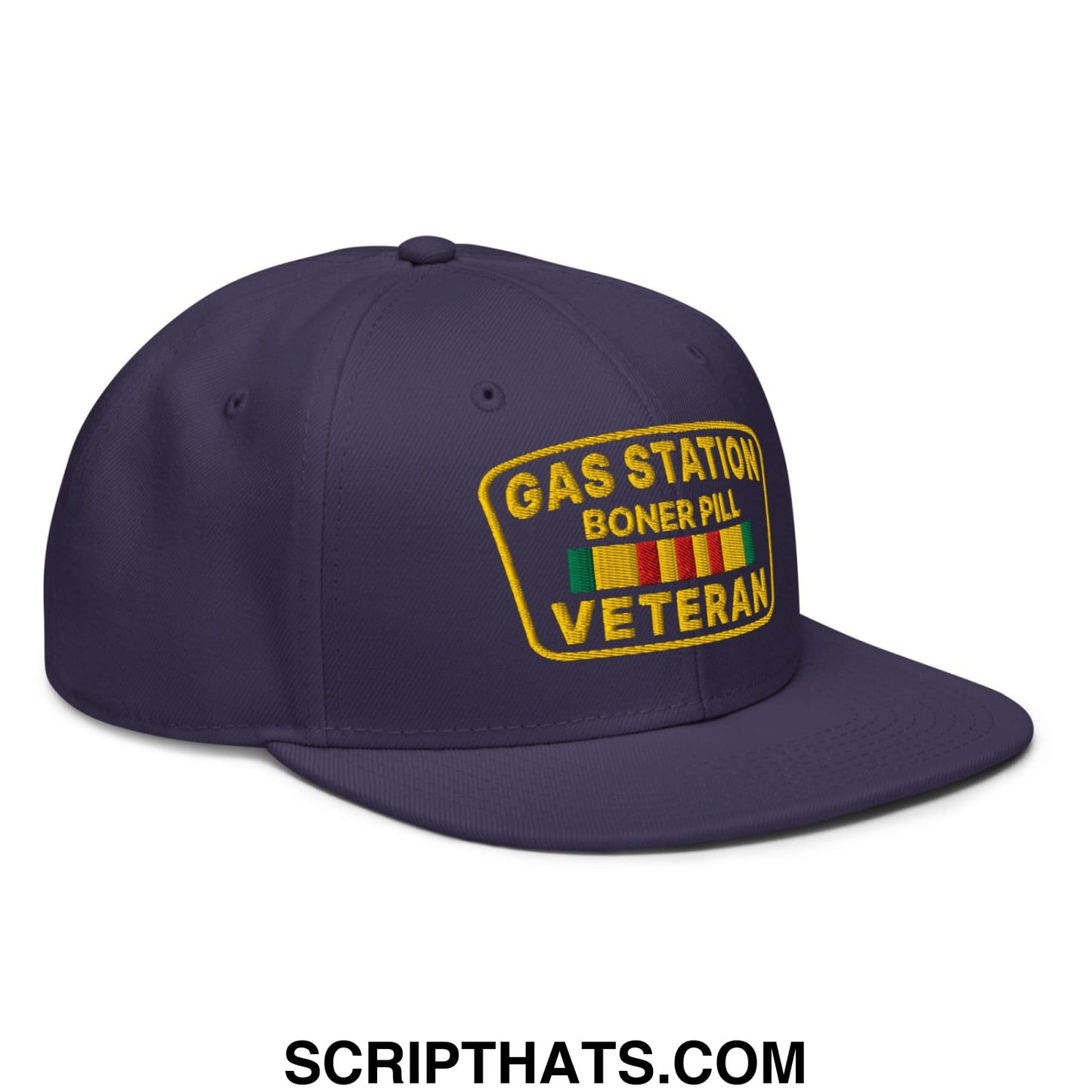 Gas Station Boner Pill Veteran Embroidered Flat Brim Bill Snapback Hat Navy blue