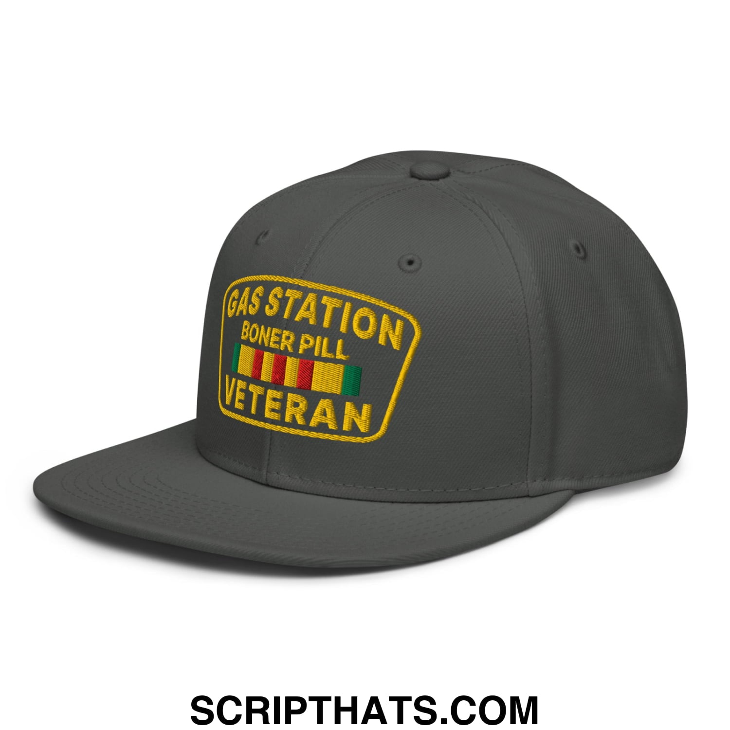 Gas Station Boner Pill Veteran Embroidered Flat Brim Bill Snapback Hat Charcoal gray
