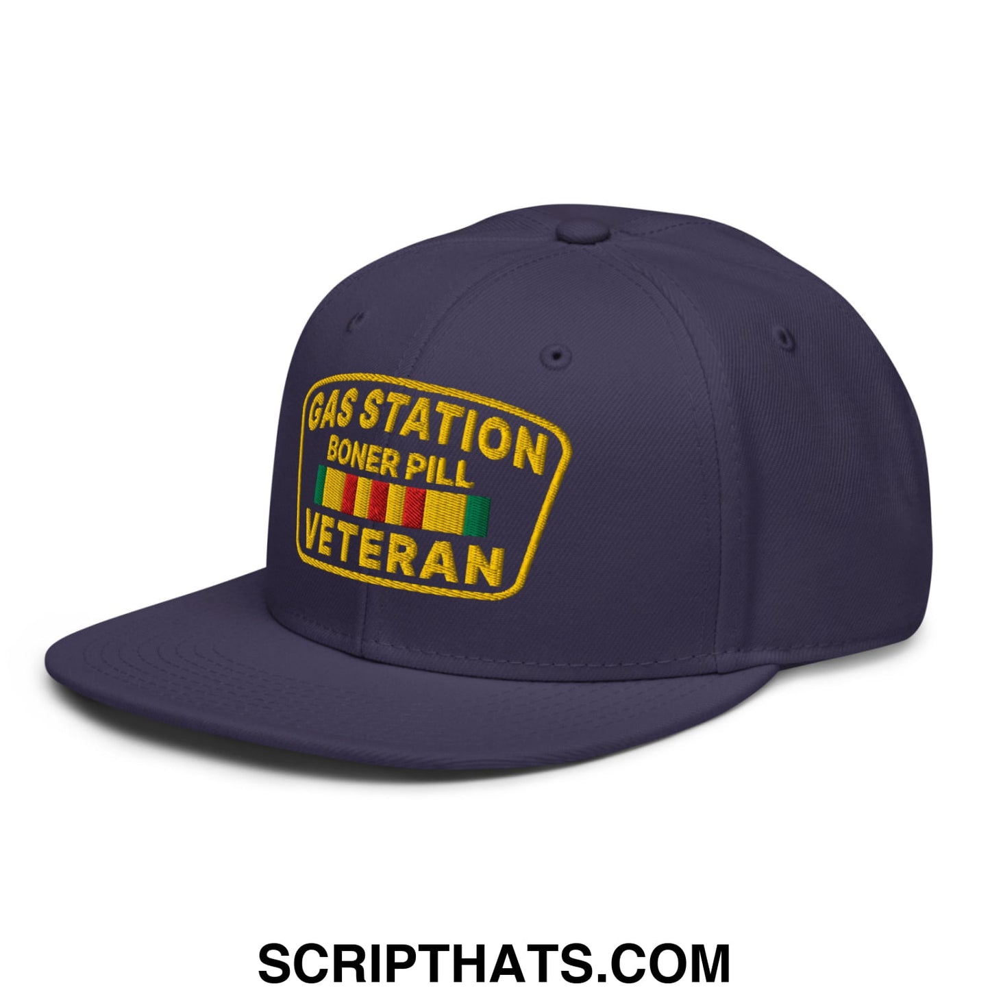 Gas Station Boner Pill Veteran Embroidered Flat Brim Bill Snapback Hat Navy blue