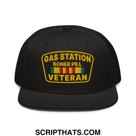 Gas Station Boner Pill Veteran Embroidered Flat Brim Bill Snapback Hat Black