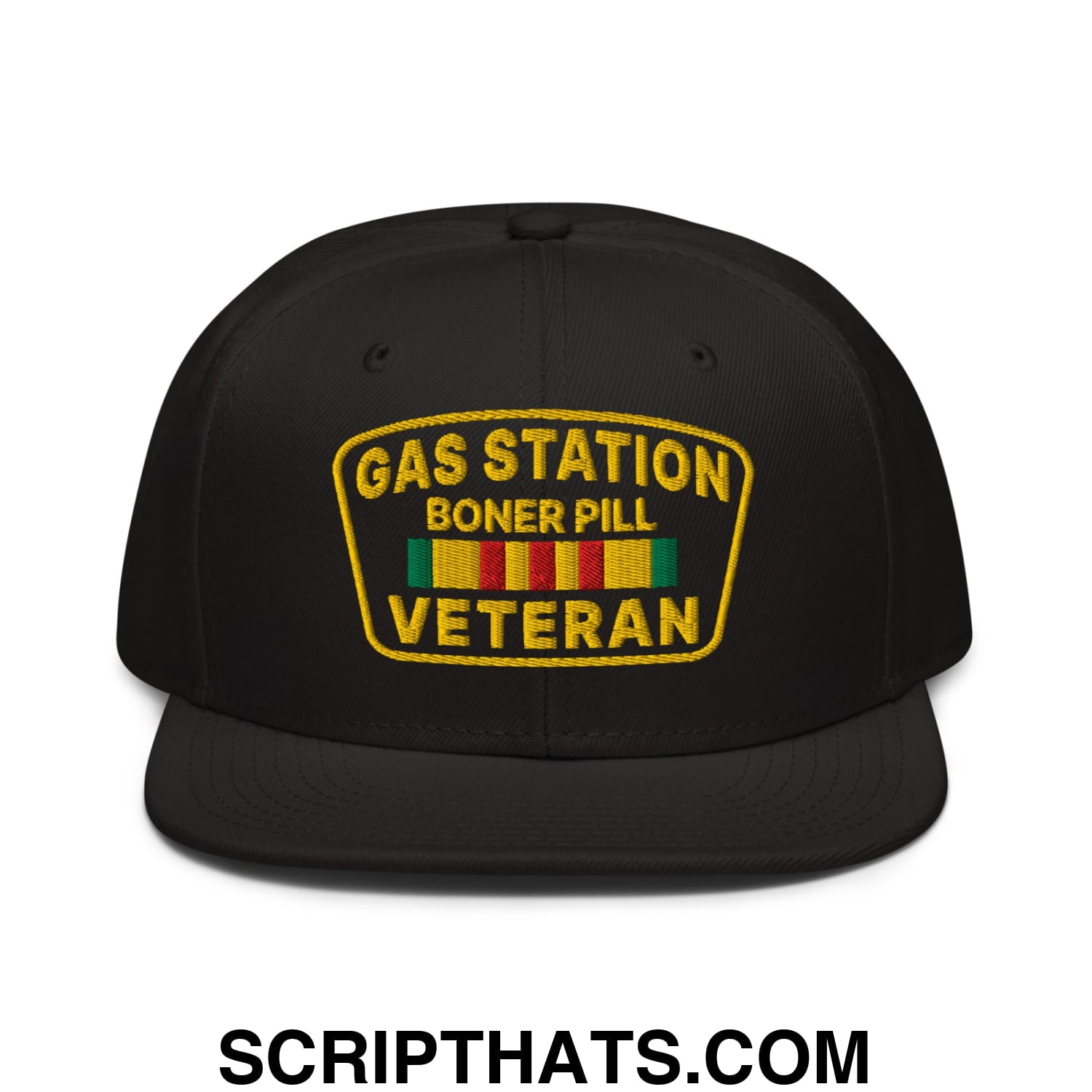 Gas Station Boner Pill Veteran Embroidered Flat Brim Bill Snapback Hat Black