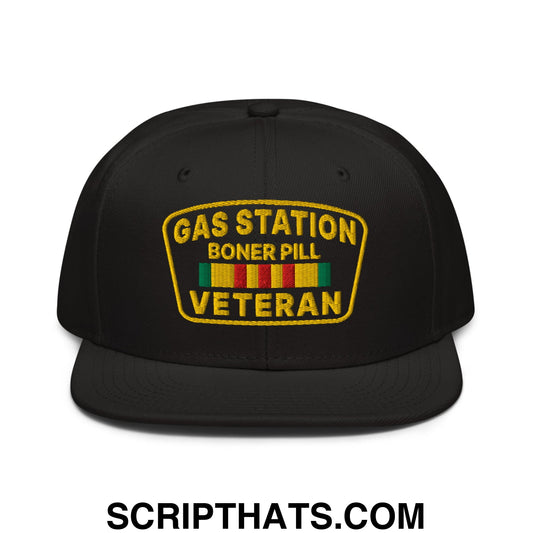 Gas Station Boner Pill Veteran Embroidered Flat Brim Bill Snapback Hat Black