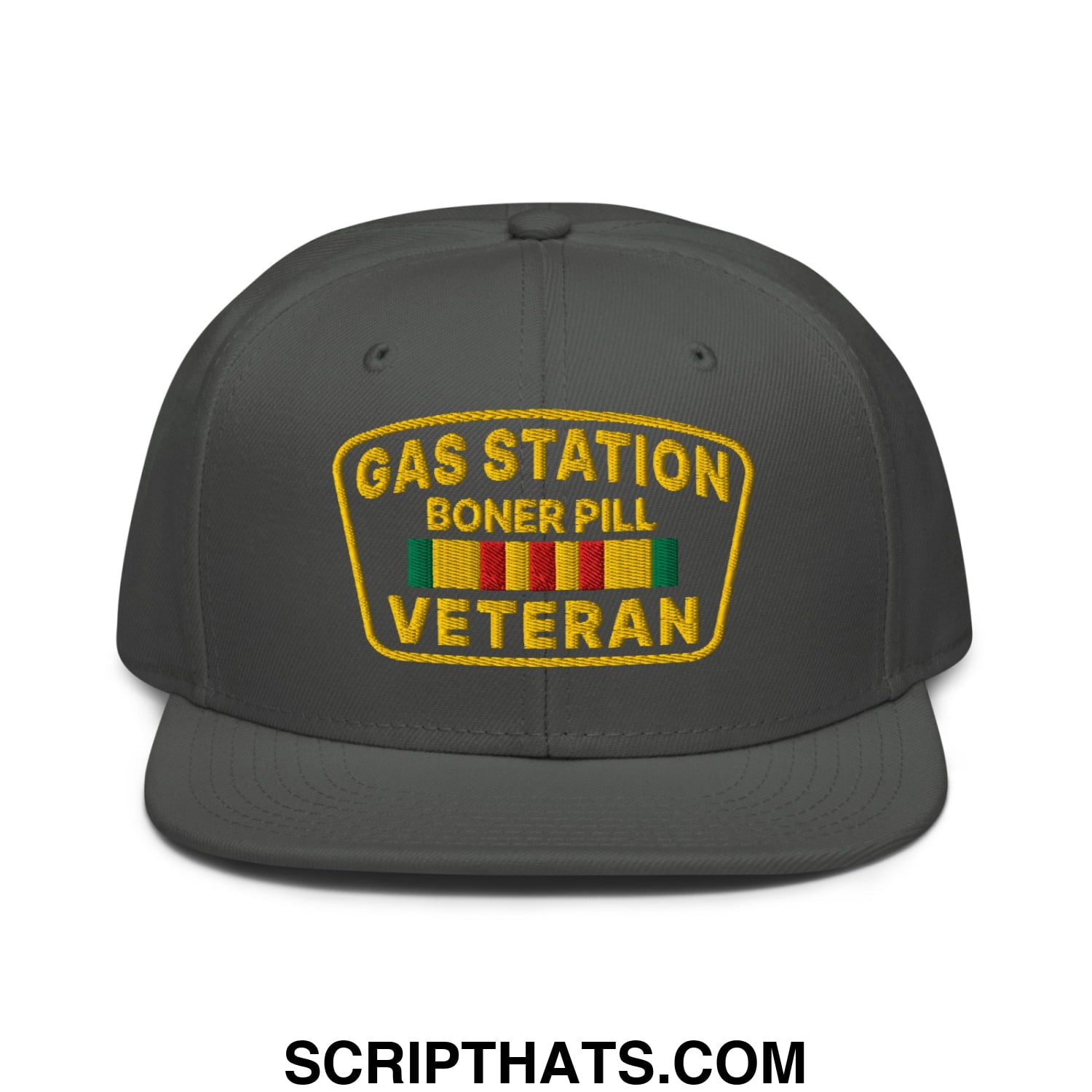Gas Station Boner Pill Veteran Embroidered Flat Brim Bill Snapback Hat Charcoal gray