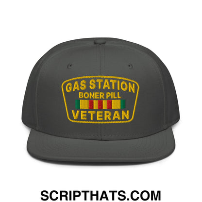 Gas Station Boner Pill Veteran Embroidered Flat Brim Bill Snapback Hat Charcoal gray