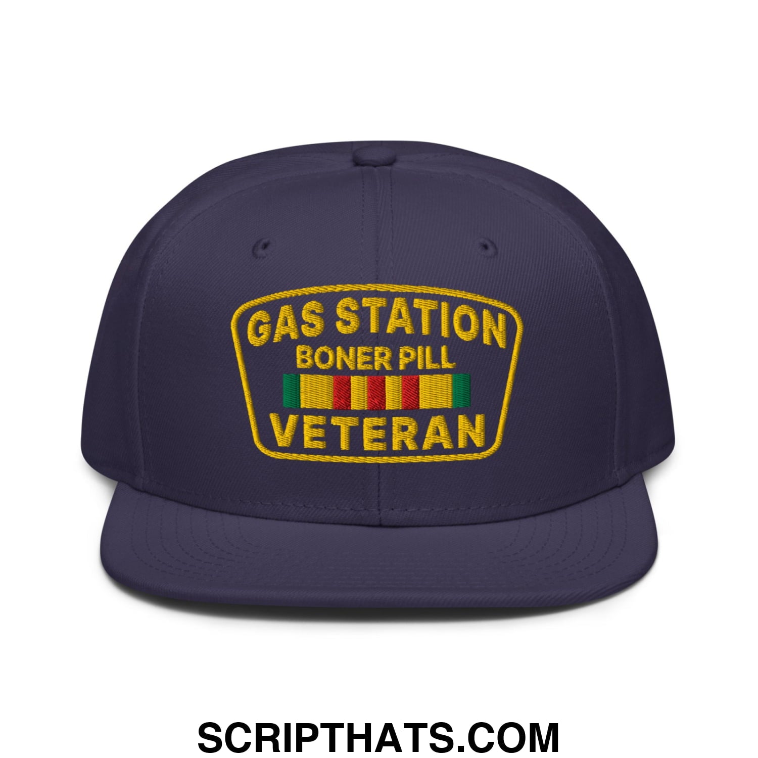Gas Station Boner Pill Veteran Embroidered Flat Brim Bill Snapback Hat Navy blue