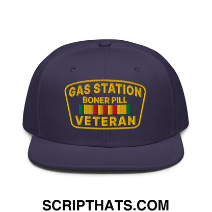 Gas Station Boner Pill Veteran Embroidered Flat Brim Bill Snapback Hat Navy blue