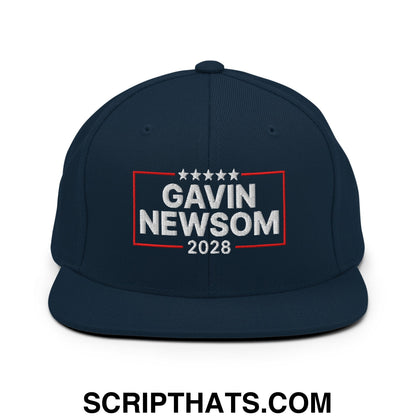 Gavin Newsom 2028 Embroidered Flat Bill Brim Snapback Hat Dark Navy