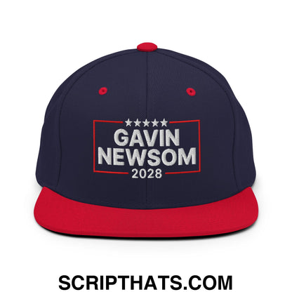 Gavin Newsom 2028 Embroidered Flat Bill Brim Snapback Hat Navy Red