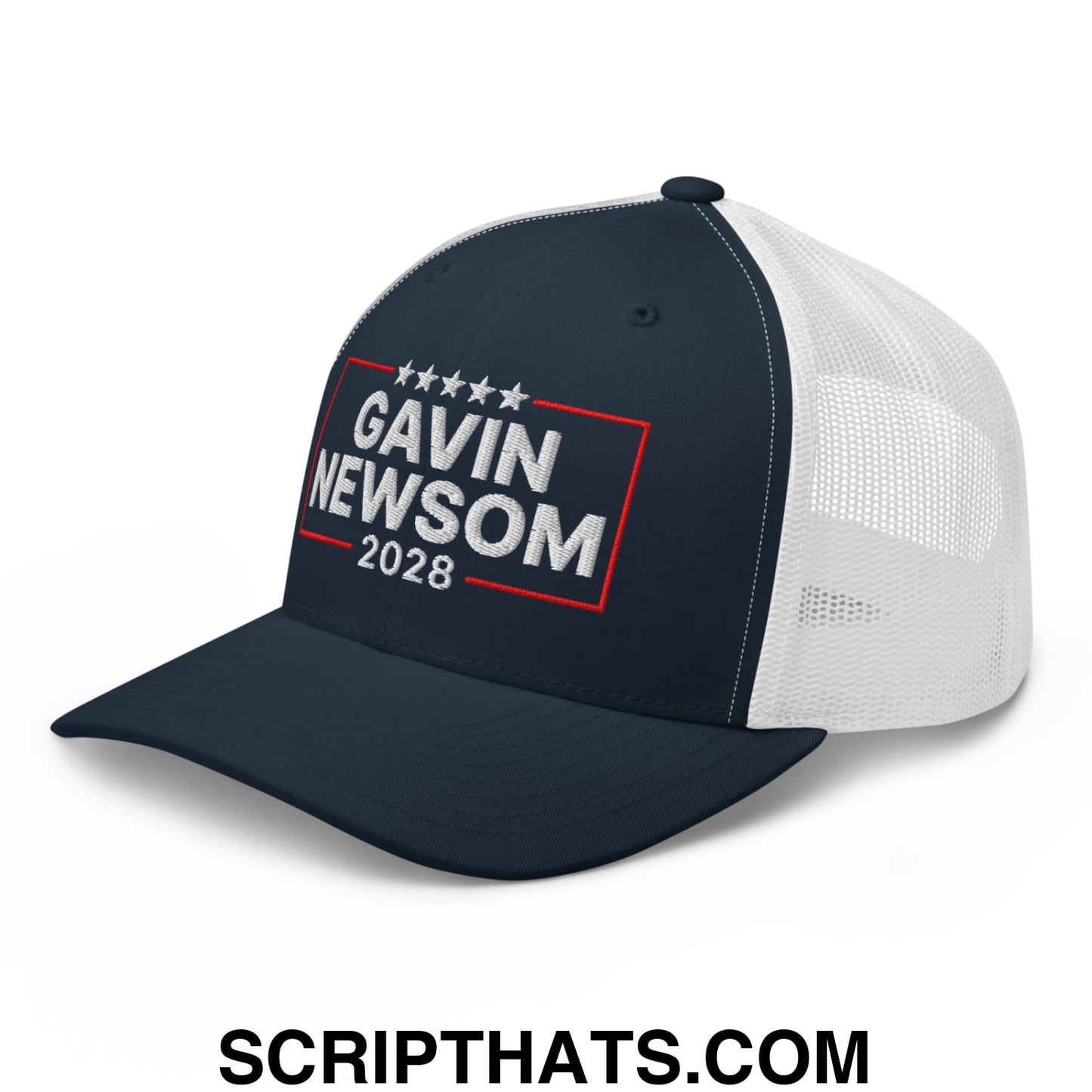 Gavin Newsom 2028 Embroidered Mesh Trucker Hat Navy White