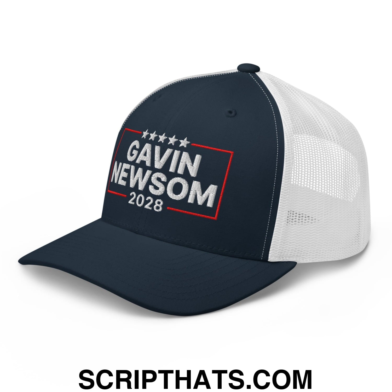 Gavin Newsom 2028 Embroidered Mesh Trucker Hat Navy White