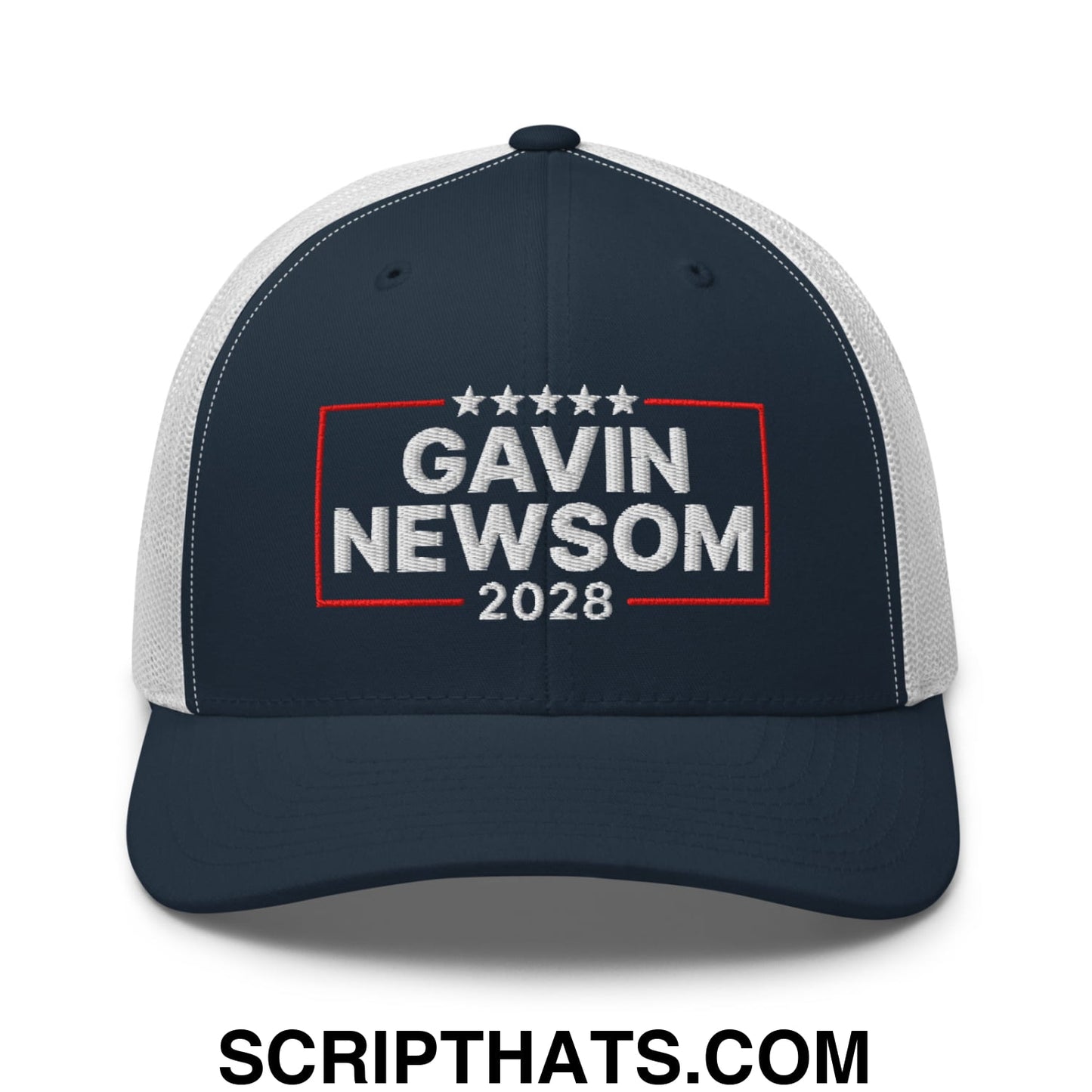 Gavin Newsom 2028 Embroidered Mesh Trucker Hat Navy White