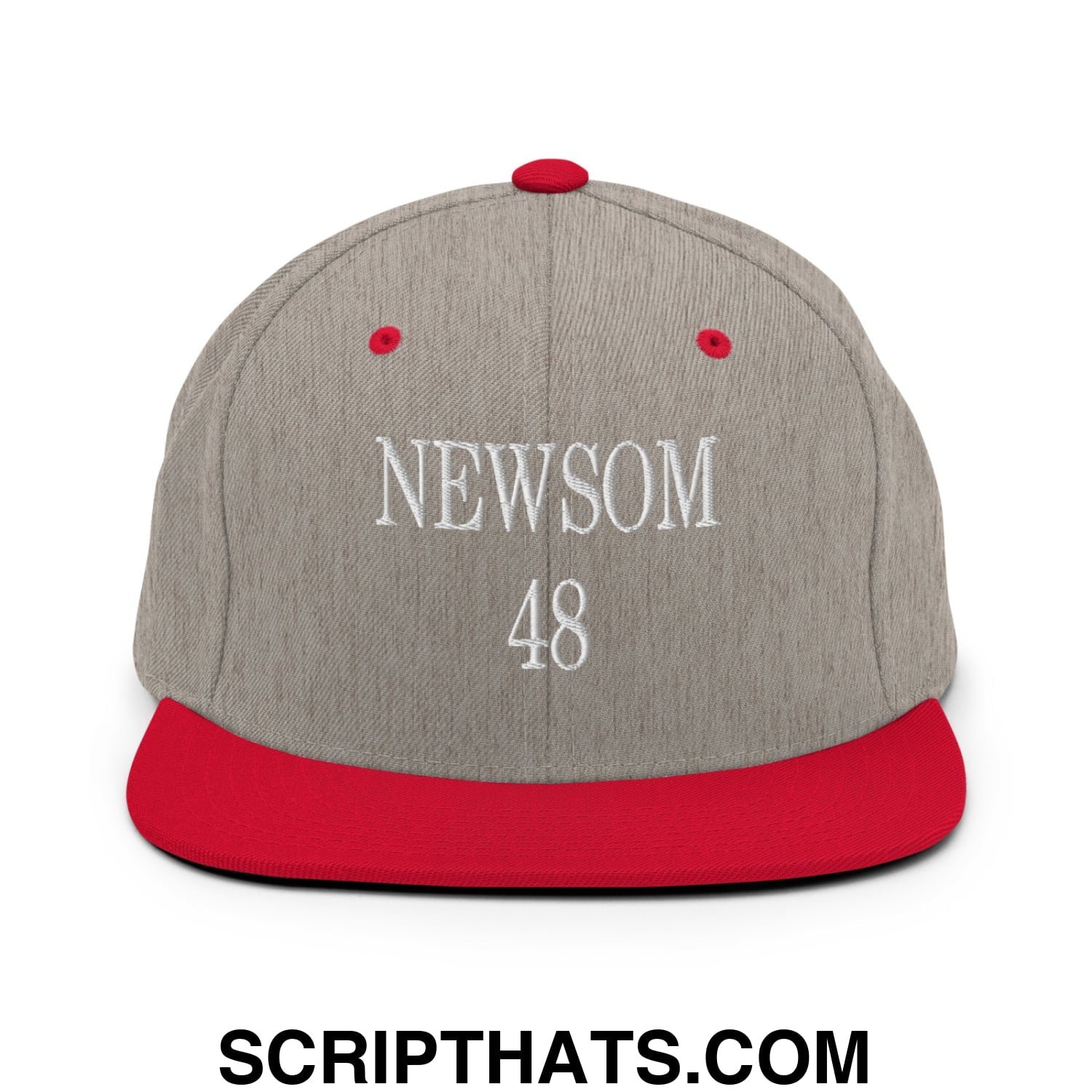 Gavin Newsom 48 Embroidered Flat Bill Brim Snapback Hat Heather Grey Red