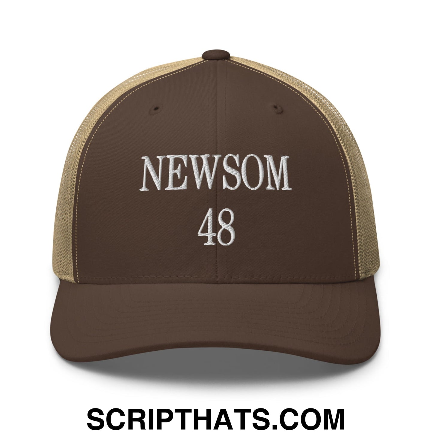 Gavin Newsom 48 Embroidered Mesh Trucker Hat Brown Khaki