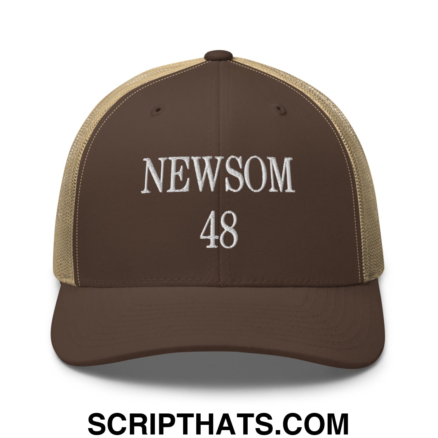 Gavin Newsom 48 Embroidered Mesh Trucker Hat Brown Khaki
