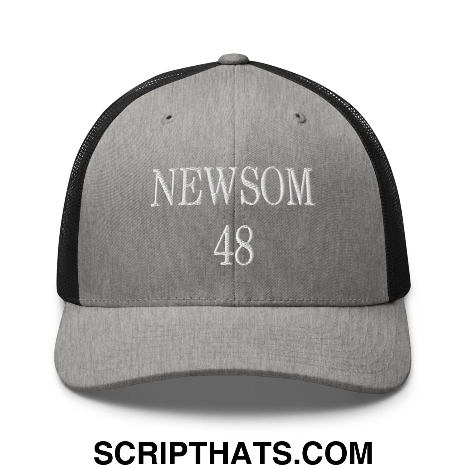 Gavin Newsom 48 Embroidered Mesh Trucker Hat Heather Black