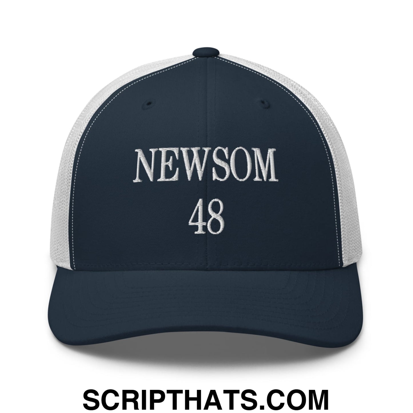 Gavin Newsom 48 Embroidered Mesh Trucker Hat Navy White