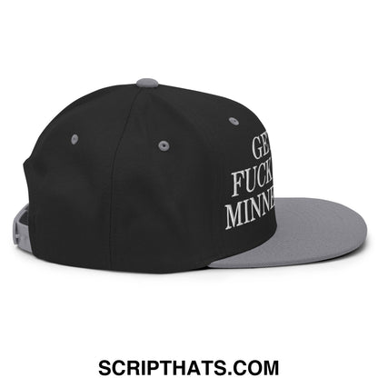 Black and gray snapback hat with white embroidered get the fuck out of minneapolis text on the side