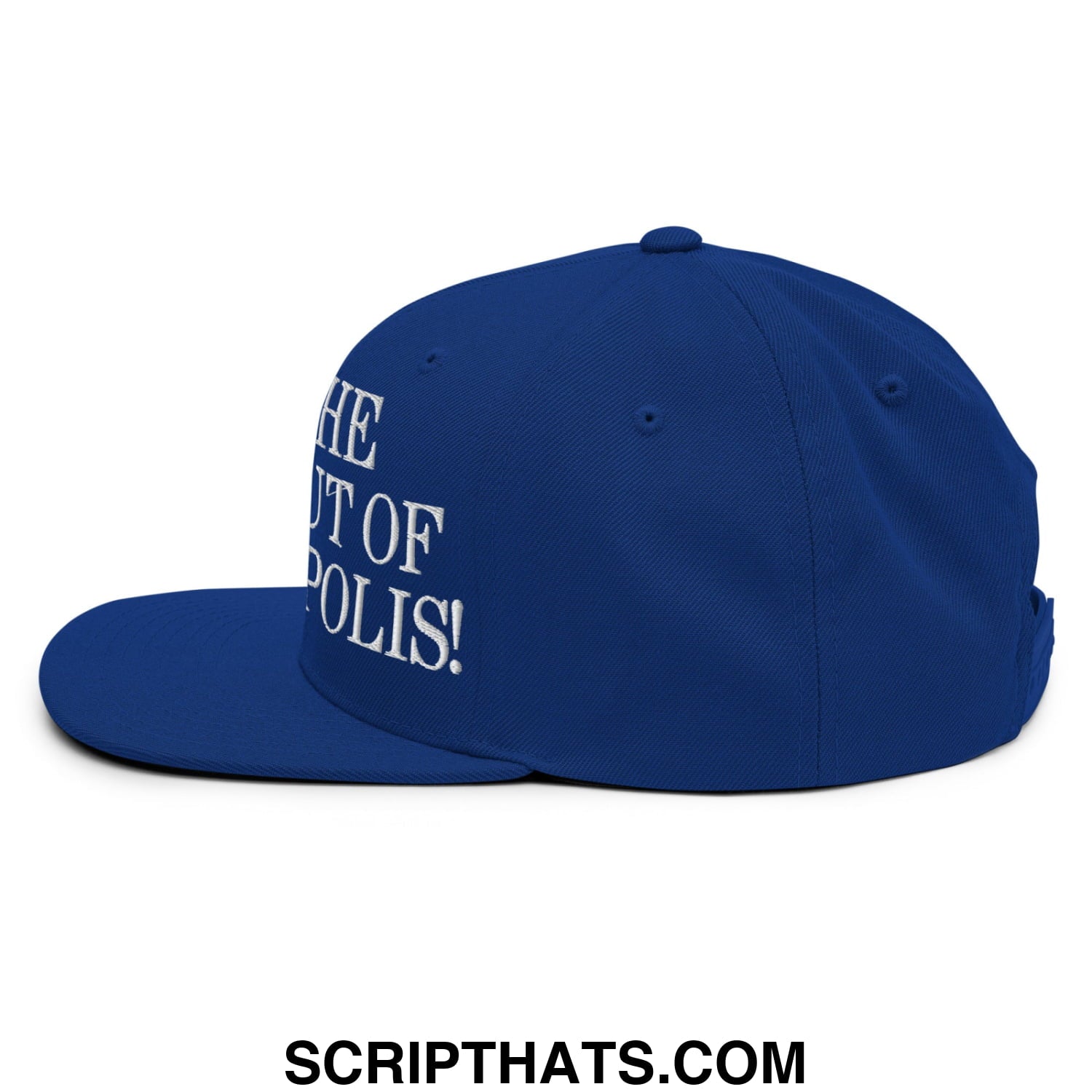 Royal blue snapback hat with white embroidered the out of polis text and flat bill brim for casual wear