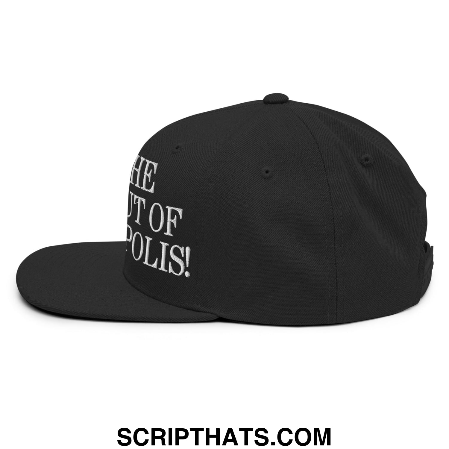 Black snapback hat with white embroidered text reading the out of polis flat bill brim for casual wear
