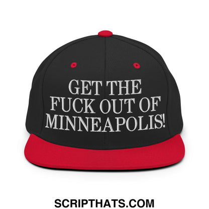 Black and red snapback hat with white embroidered text get the fuck out of minneapolis flat bill brim design