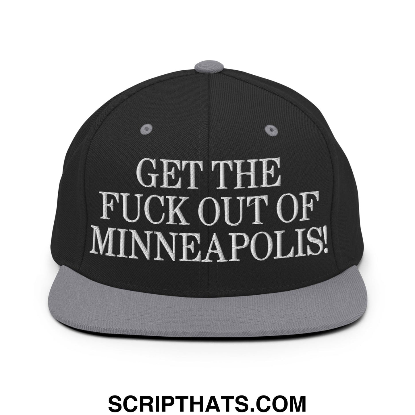 Black snapback hat with gray brim and embroidered white text get the fuck out of minneapolis flat bill brim snapback hat