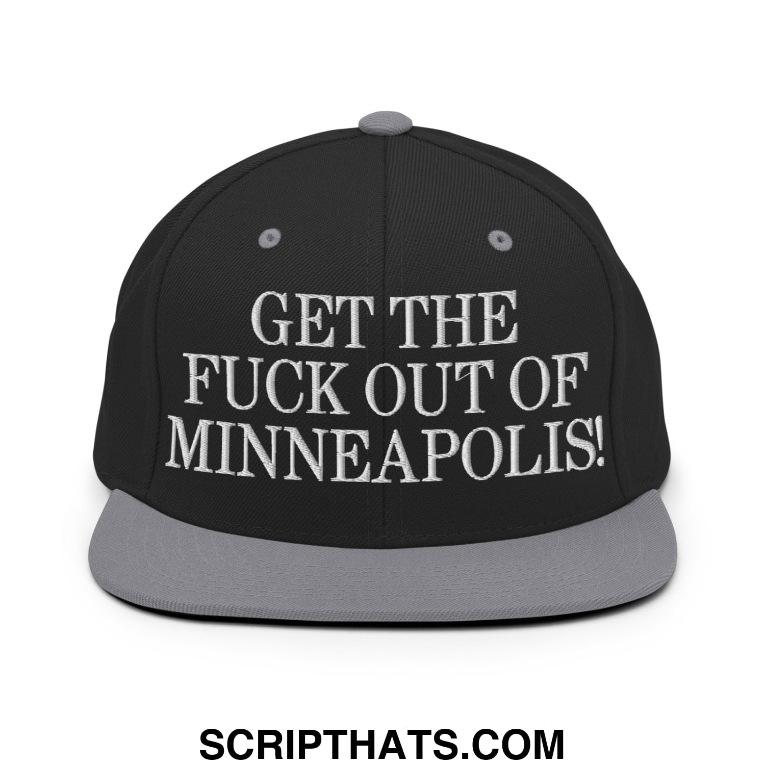 Black snapback hat with gray brim and embroidered white text get the fuck out of minneapolis flat bill brim snapback hat