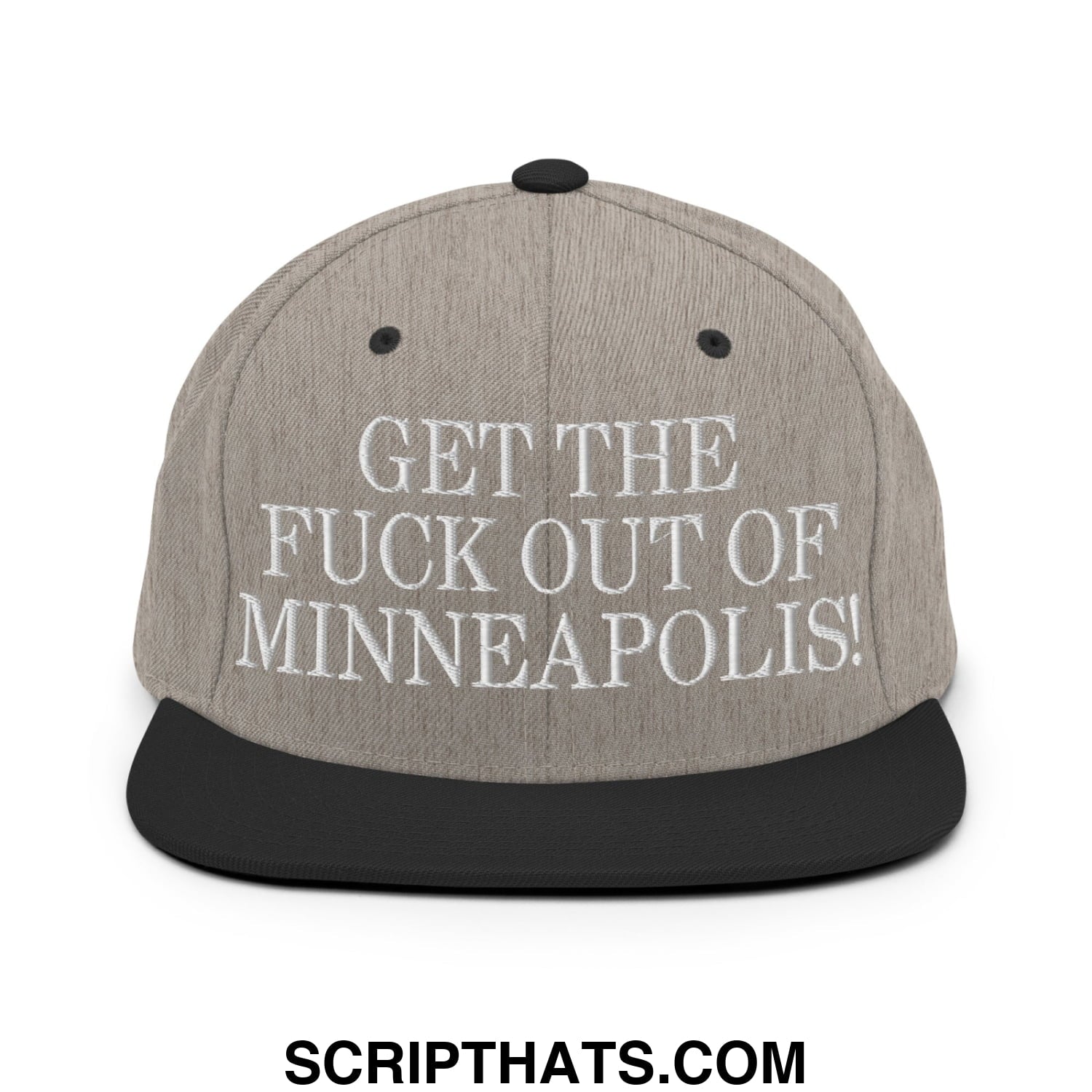 Gray snapback hat with black brim and embroidered white text get the fuck out of minneapolis flat bill brim design