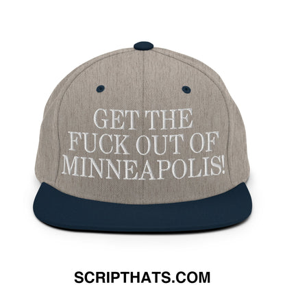 Gray and navy blue snapback cap with white embroidered get the fuck out of minneapolis text on flat bill brim