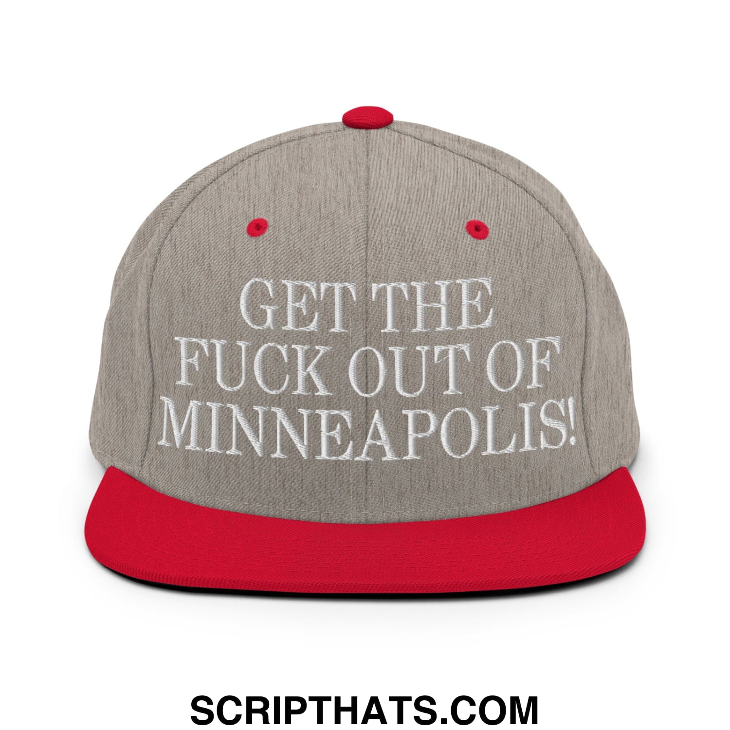 Gray snapback hat with red brim and button featuring white embroidered text get the fuck out of minneapolis