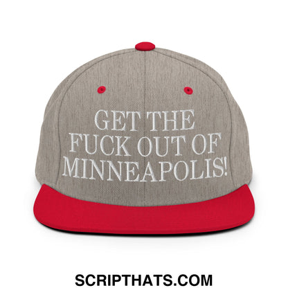 Gray snapback hat with red brim and button featuring white embroidered text get the fuck out of minneapolis
