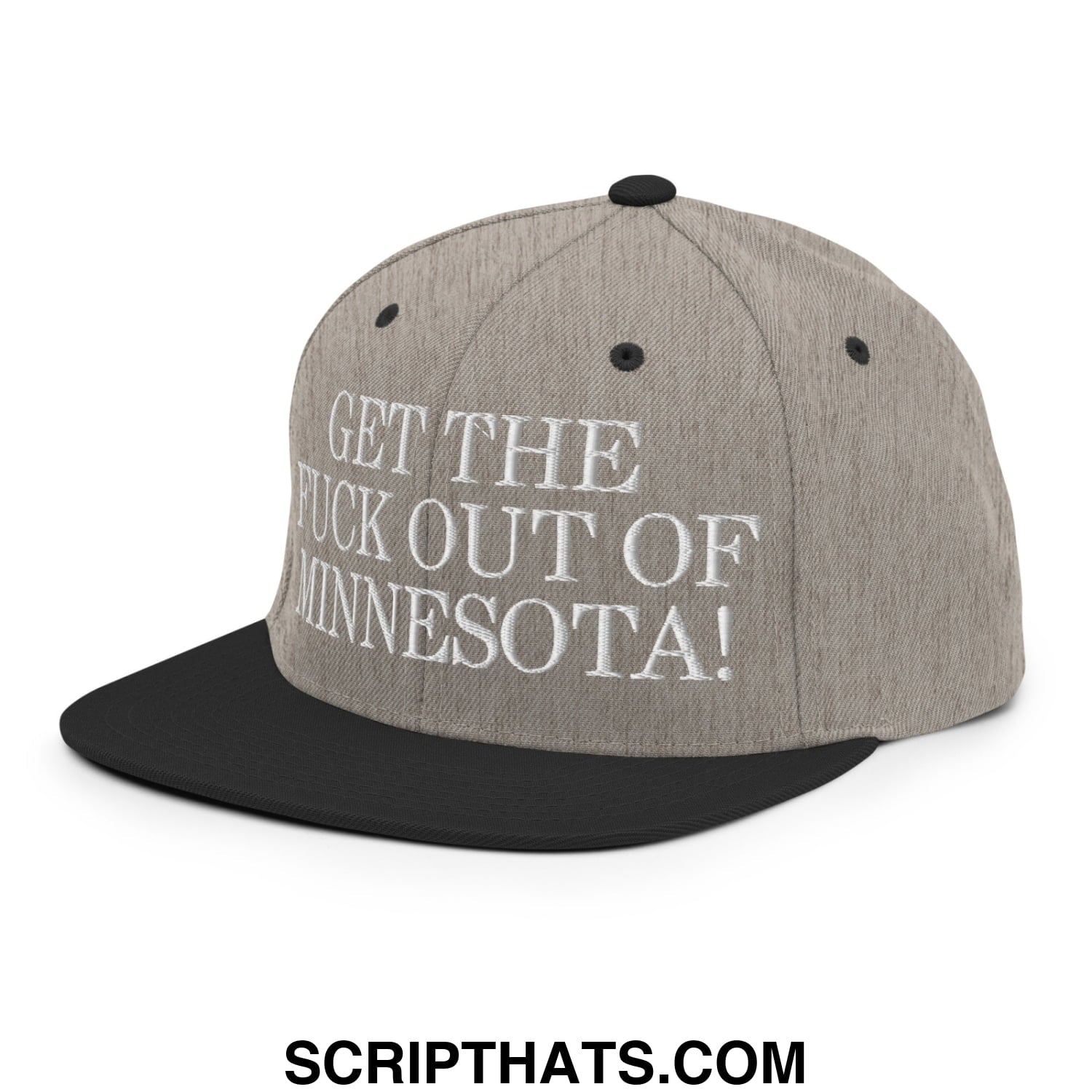 Gray and black snapback hat with white embroidered text get the fuck out of minnesota flat bill brim design