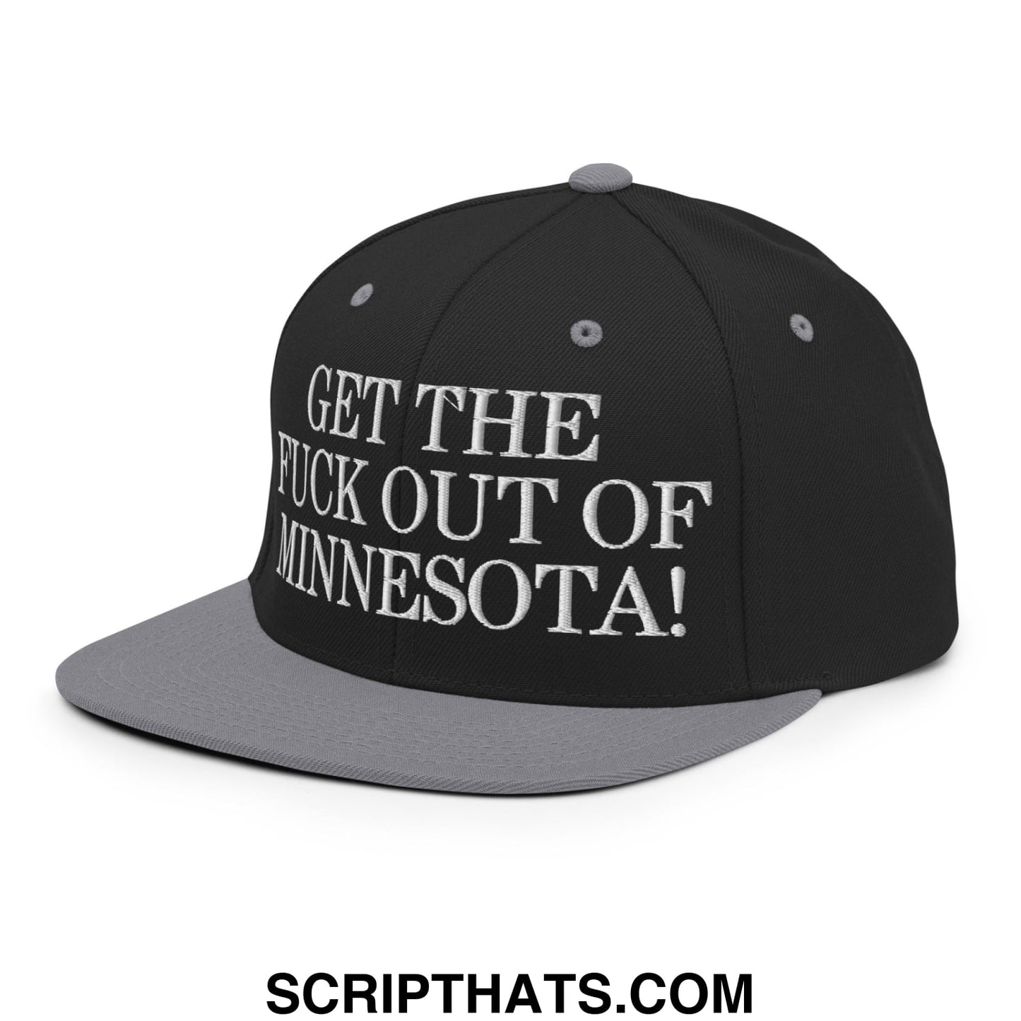 Black and gray snapback hat with white embroidered get the fuck out of Minnesota flat bill brim design