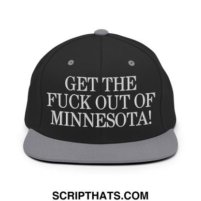 Black snapback hat with gray brim and white embroidered text get the fuck out of Minnesota flat bill brim design