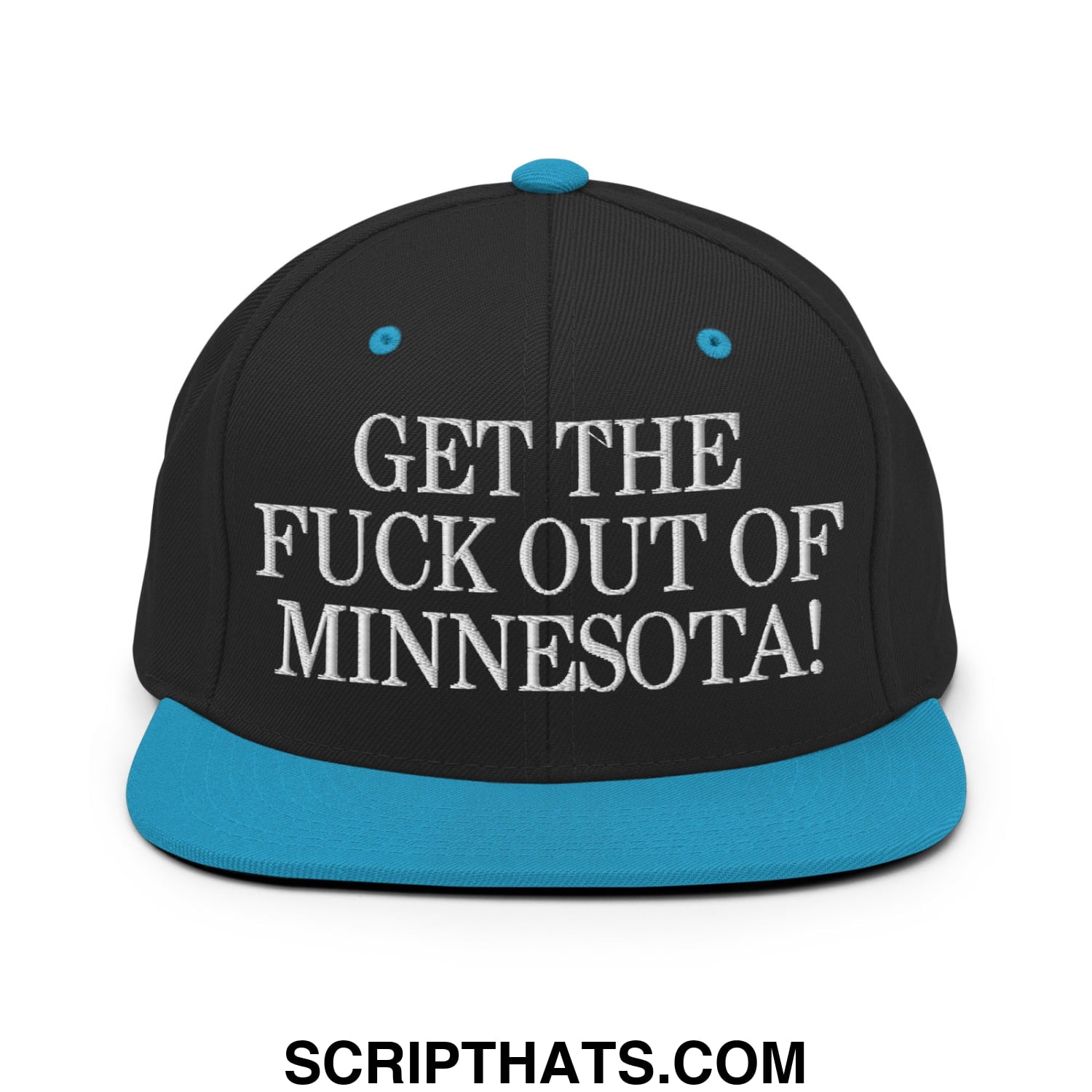 Black snapback cap with bright blue brim and white embroidered get the fuck out of Minnesota text flat bill brim hat