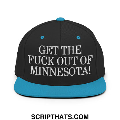 Black snapback cap with bright blue brim and white embroidered get the fuck out of Minnesota text flat bill brim hat