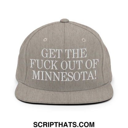 Gray snapback hat with white embroidered text get the fuck out of minnesota flat bill brim design