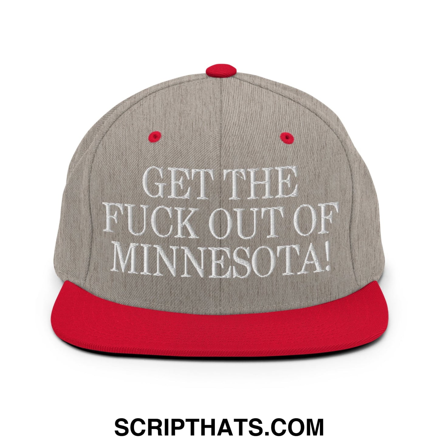 Gray and red snapback cap with white embroidered text get the fuck out of minnesota flat bill brim hat