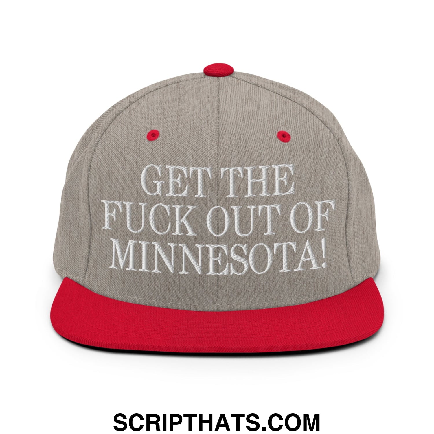 Gray and red snapback cap with white embroidered text get the fuck out of minnesota flat bill brim hat