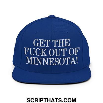 Royal blue snapback cap with white embroidered get the fuck out of minnesota text and flat bill brim design