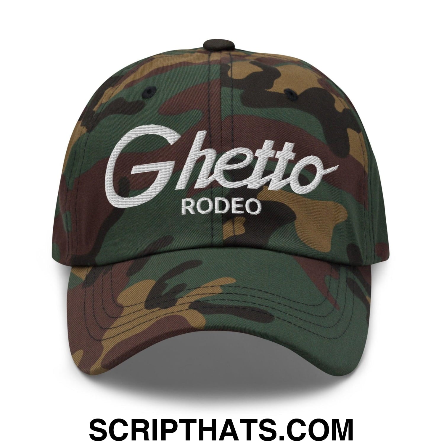 Ghetto Rodeo II Vintage Sports Script Dad Hat Green Camo